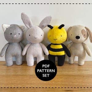 May include: A set of four plush toy patterns: a gray cat, a white bunny, a yellow and black bee, and a brown dog. The patterns are for sewing your own plush toys. The text "PDF PATTERN SET" is printed on a white circle in the center of the image.