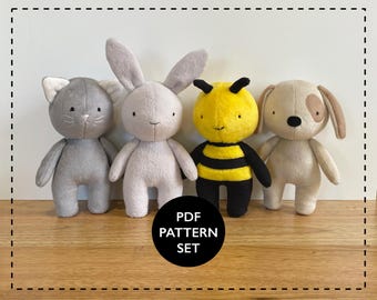 May include: A set of four plush toy patterns: a gray cat, a white bunny, a yellow and black bee, and a brown dog. The patterns are for sewing your own plush toys. The text "PDF PATTERN SET" is printed on a white circle in the center of the image.