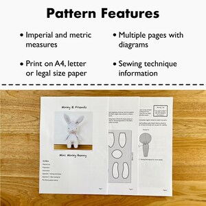 May include: A sewing pattern for a small, grey bunny with instructions for making the toy. The pattern includes multiple pages with diagrams and sewing techniques. The pattern is printed on A4, letter, or legal size paper and includes both imperial and metric measurements.