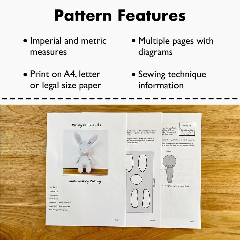 May include: A sewing pattern for a small, grey bunny with instructions for making the toy. The pattern includes multiple pages with diagrams and sewing techniques. The pattern is printed on A4, letter, or legal size paper and includes both imperial and metric measurements.