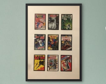 Omslagsbilder från vintage DC Comics | Inramad uppsättning av 9, present till serietidningsälskare