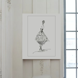 May include: A black and white line drawing of a woman wearing a dress and standing on a white background.