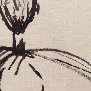 May include: Black and white abstract ink drawing of a person with a large head and a long, flowing skirt. The drawing is on a textured canvas.