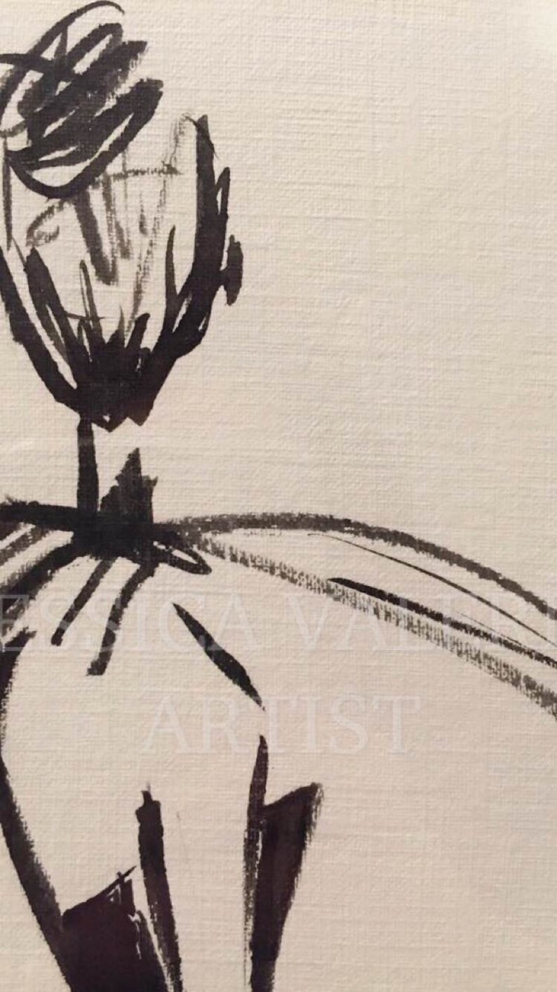 May include: Black and white abstract ink drawing of a person with a large head and a long, flowing skirt. The drawing is on a textured canvas.
