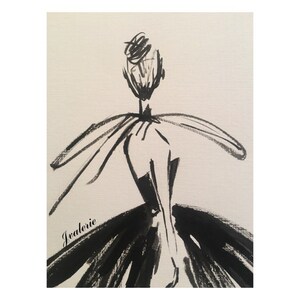 May include: Black and white ink drawing of a person wearing a dress with a large skirt. The drawing is signed "Jvalerie".