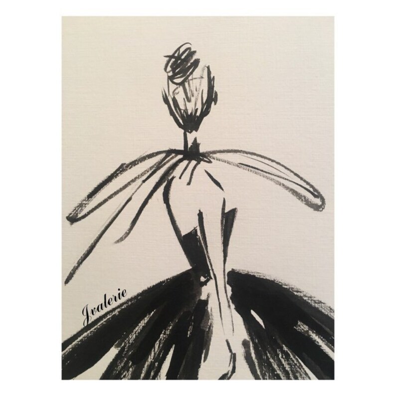 May include: Black and white ink drawing of a person wearing a dress with a large skirt. The drawing is signed "Jvalerie".
