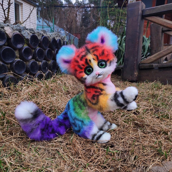 Rainbow tiger cub, realistic wild cat. OOAK artist Handmade collectible animal, Fantasy creature