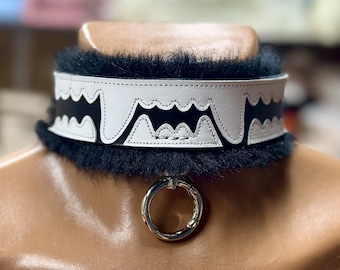 ¡Hecho a la medida! Collar con dientes con forro de piel, cuello de cuero, cuello negro