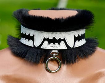 Handcrafted Fur Lined Leather Collar with Teeth, Custom Size