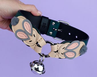 Handmade Leather Collar with Rabbit Design, Custom Size