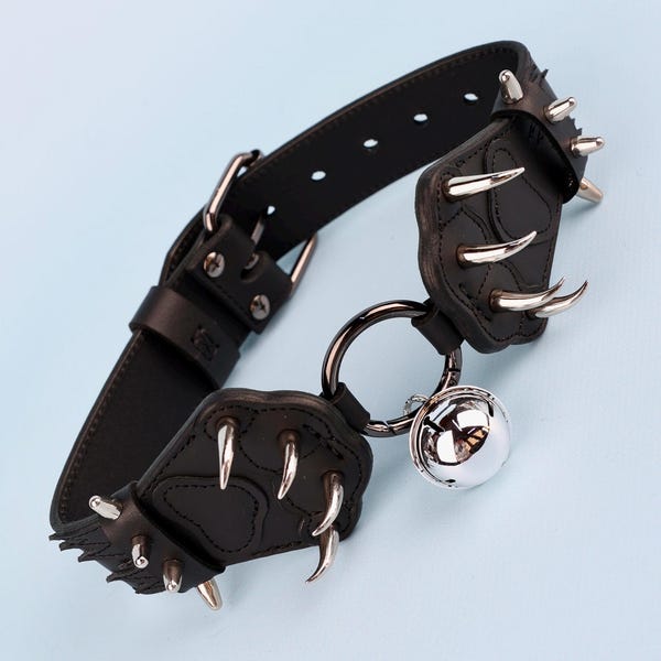 Handmade Black Leather Spiked Collar with Cat Paws
