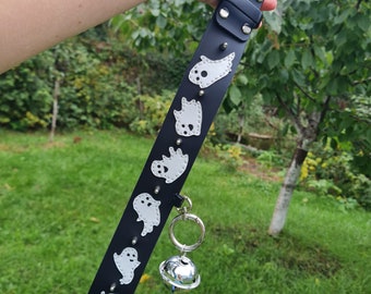 Handcrafted Leather Ghost Collar, Halloween Costume, Bell Charm