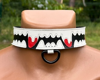 Made to order! Collar with teeth, leather collar, black-white collar