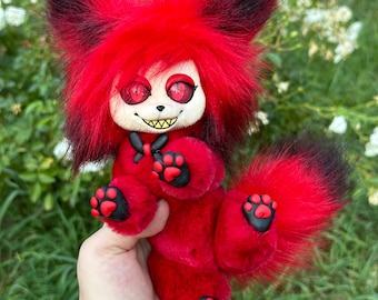 Muñeco de arte de Alastor hecho a mano, peluche de piel sintética, inspirado en Hazbin Hotel