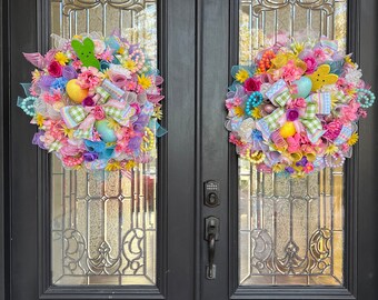 Double Door Wreaths, Peep Wreaths, Easter Egg Wreath, Spring Wreath, Easter Decor, Spring Decor, Floral Wreath, Bright Easter, Sugar Bunny