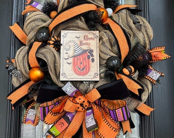 Halloween Bat Wreath, Gone Batty Whimsical Wreath for Front Door, Autumn Halloween Door Decor, Burlap Pretty Wreath, Pumpkin Patch Wreath