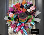 Halloween Candy Wreath, Pumpkin Whimsical Wreath, Donut Autumn Wreath, Fall Halloween Decor, Designer Ribbon, Cute Wreath, Front Door Wreath