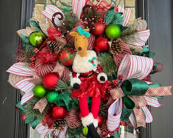 Reindeer Christmas Wreath, Front Door Wreath, Christmas Wreath, Christmas Decor, Christmas Candy Wreath, Holiday Wreath, Mr. & Mrs. Clause