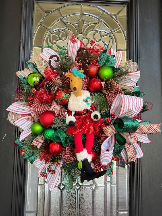 Reindeer Christmas Wreath, Front Door Wreath, Christmas Wreath