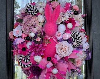 Easter Bunny Swag, Easter Spring Bunny Decorations, Spring Door Wreath, Spring Floral Wreath for Home Decor, Modern Wreath, Pink Bunny Decor