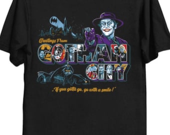 Greetings from GC T-Shirt | Gotham City Inspired Postcard Tee | Tim Burton Fan Gift | 1989 Caped Crusader Parody Shirt