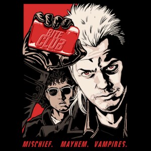 May include: A graphic illustration featuring two figures with a red background. One figure holds a red card with "BITE CLUB" text. The phrase "MISCHIEF. MAYHEM. VAMPIRES." is at the bottom. The image has a black background.