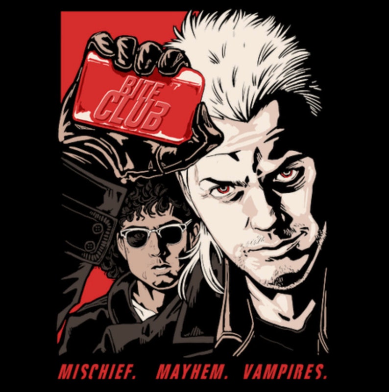 May include: A graphic illustration featuring two figures with a red background. One figure holds a red card with "BITE CLUB" text. The phrase "MISCHIEF. MAYHEM. VAMPIRES." is at the bottom. The image has a black background.