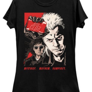 May include: Black t-shirt featuring a graphic of two men with the text "BITE CLUB" on a red rectangle. The graphic also includes the words "MISCHIEF. MAYHEM. VAMPIRES."