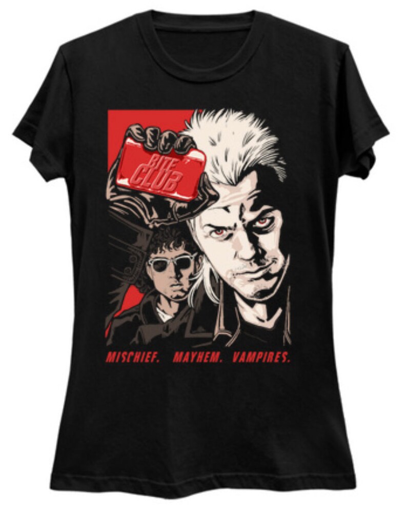 May include: Black t-shirt featuring a graphic of two men with the text "BITE CLUB" on a red rectangle. The graphic also includes the words "MISCHIEF. MAYHEM. VAMPIRES."