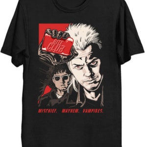 May include: Black t-shirt featuring a graphic design with two male figures and the text "Bite Club" on a red rectangle. The text "Mischief. Mayhem. Vampires." is printed below the figures.