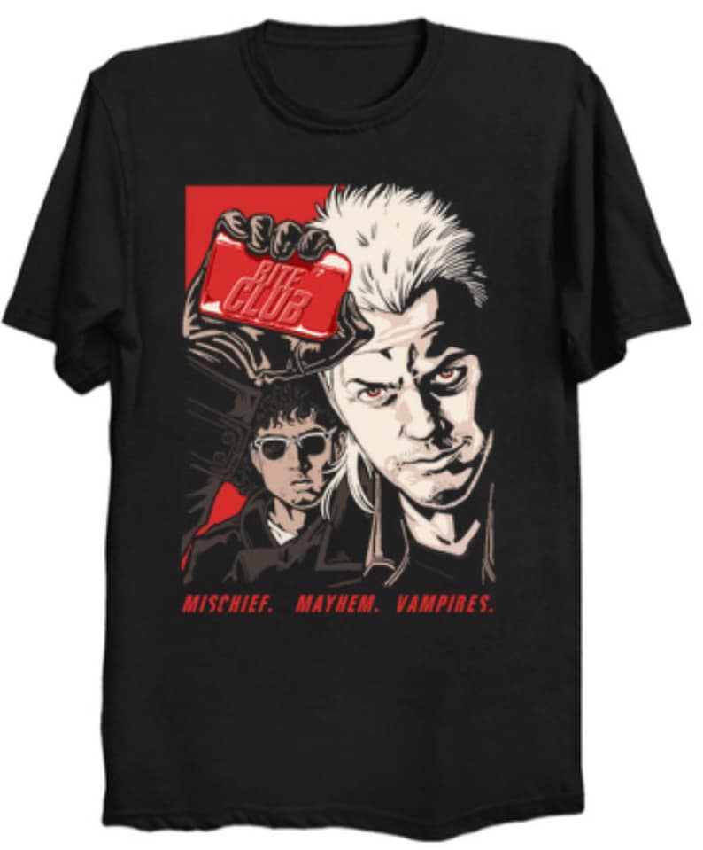 May include: Black t-shirt featuring a graphic design with two male figures and the text "Bite Club" on a red rectangle. The text "Mischief. Mayhem. Vampires." is printed below the figures.