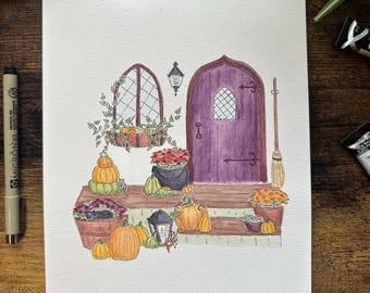 Threshold of Autumn Watercolor Print | Witchy Cottage Decor | Cozy Fall Artwork | 8x10 Wall Art