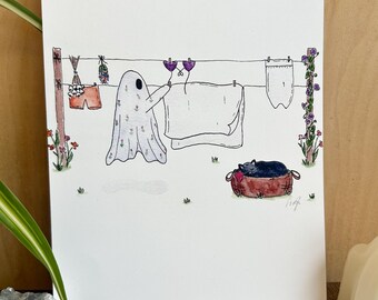 Laundry Day — Ghost Watercolor Art Print | Cozy Spooky Wall Art (8x10)