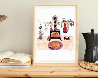 Solstice Ritual Watercolor Print | Winter Decor | Cozy Holiday Artwork | Art Print