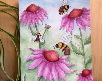 Quiet Labor — Ink and Watercolor Art Print of Coneflowers and Bees | Nature Wall Art