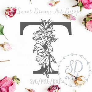 Blumenbuchstabe T svg, Monogramm Buchstabe svg, dekorative Initials svg, Blumen T-Schrift svg, Monogramm Schrift svg, Blumenalphabet svg, Blumenmonogramm