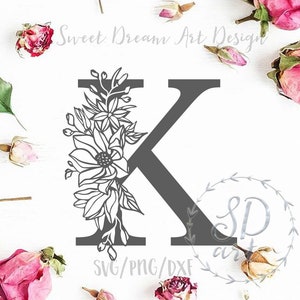 Bloemen letter K svg, monogram letter svg, decoratieve eerste svg, bloem K lettertype svg, monogram lettertype svg, bloemen alfabet svg, bloemen monogram