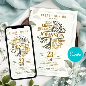 May include: A family reunion invitation displayed on a smartphone and a printed card. The design includes a tree graphic, the family name "Johnson", and the text "2025 Family Reunion." The date is June 23rd at 7 PM.