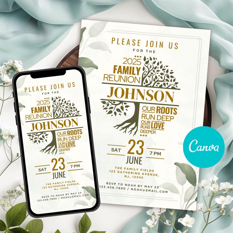 May include: A family reunion invitation displayed on a smartphone and a printed card. The design includes a tree graphic, the family name "Johnson", and the text "2025 Family Reunion." The date is June 23rd at 7 PM.