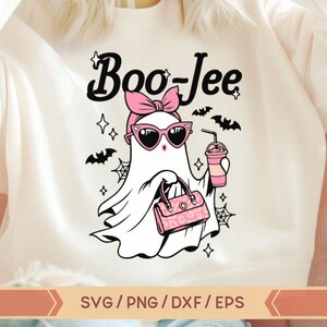 May include: A white ghost with pink sunglasses and a pink bow on its head is holding a pink purse and a pink drink. The text "Boo-Jee" is above the ghost.