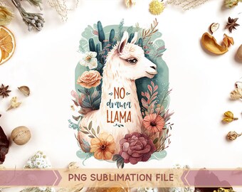 Inget drama lama png, mamma lama png, lama sublimering png, mors dag png, lama med blommor png, akvarell PNG, alpacka png, lama mamma png