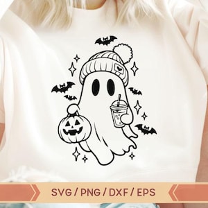 May include: Black and white line art illustration of a ghost wearing a beanie hat and holding a pumpkin and a drink. The ghost is surrounded by stars and bats.