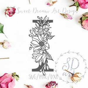 Bloemen letter I svg, monogram letter svg, decoratieve eerste svg, bloem I lettertype svg, monogram lettertype svg, bloemen alfabet svg, bloemen monogram