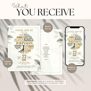 May include: Digital family reunion invitation design. The invitation features a tree graphic with the family name "Johnson" and event details. Includes front and back 12.7 x 17.8 cm designs, plus a mobile version.