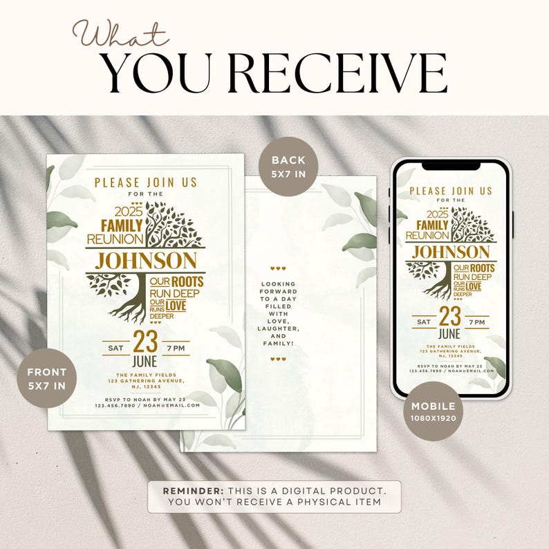 May include: Digital family reunion invitation design. The invitation features a tree graphic with the family name "Johnson" and event details. Includes front and back 12.7 x 17.8 cm designs, plus a mobile version.