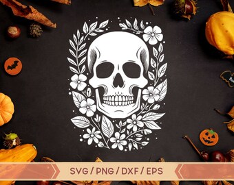 Floral skull svg, Skull and flowers svg, Skeleton svg, Halloween skeleton, witchy svg, floral skull png, Gothic skeleton,  Flowers skull svg