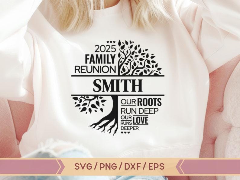 K&ouml;nnte beinhalten: Ein wei&szlig;es T-Shirt mit einem schwarzen Familien-Treffen-Design, das einen Baum mit dem Text "2025 Family Reunion Smith Our Roots Run Deep Our Love Runs Deeper" zeigt.