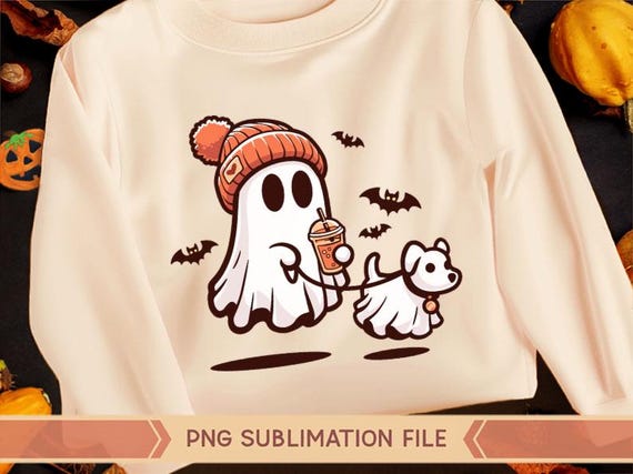 Ghost with Walking Dog png, Ghost Dog png, Dog Ghost png, Ghost png, Ghost Coffee png, Retro Ghost, Ghost in hat png, Ghost with coffee png