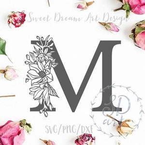 Bloemen letter M svg, monogram letter svg, decoratieve initiaal svg, bloem M lettertype svg, monogram lettertype svg, bloemen alfabet svg, bloemen monogram