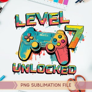 Level 7 freigeschaltet PNG, 7. Geburtstag png, 7 Jahre alter Junge png, Gamer PNG, Game Controller png,Graffiti Gaming Controller png,Sublimation Design